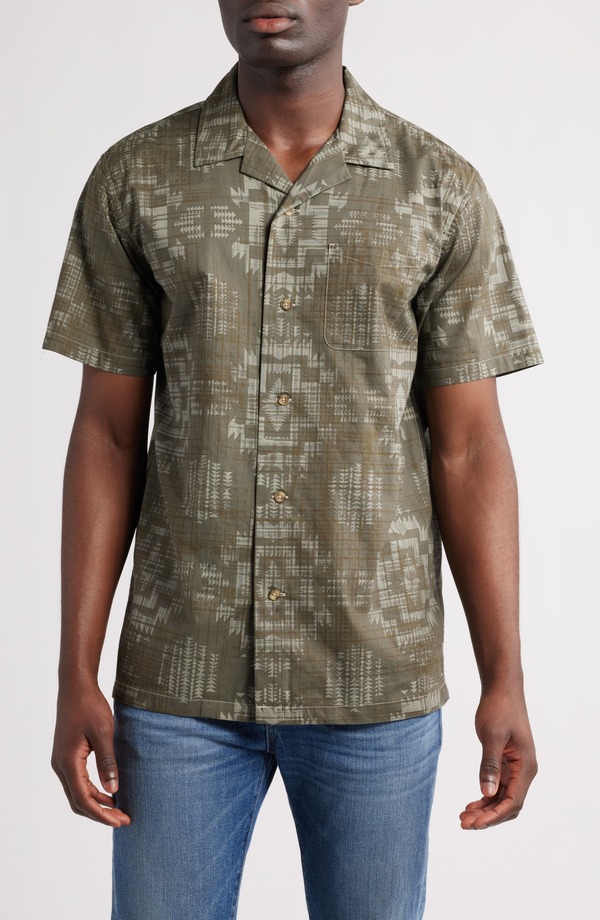 ペンドルトン メンズ トップス シャツ コットン Pendleton Geo Pattern Cotton Camp Shirt Harding Olive オリーブ