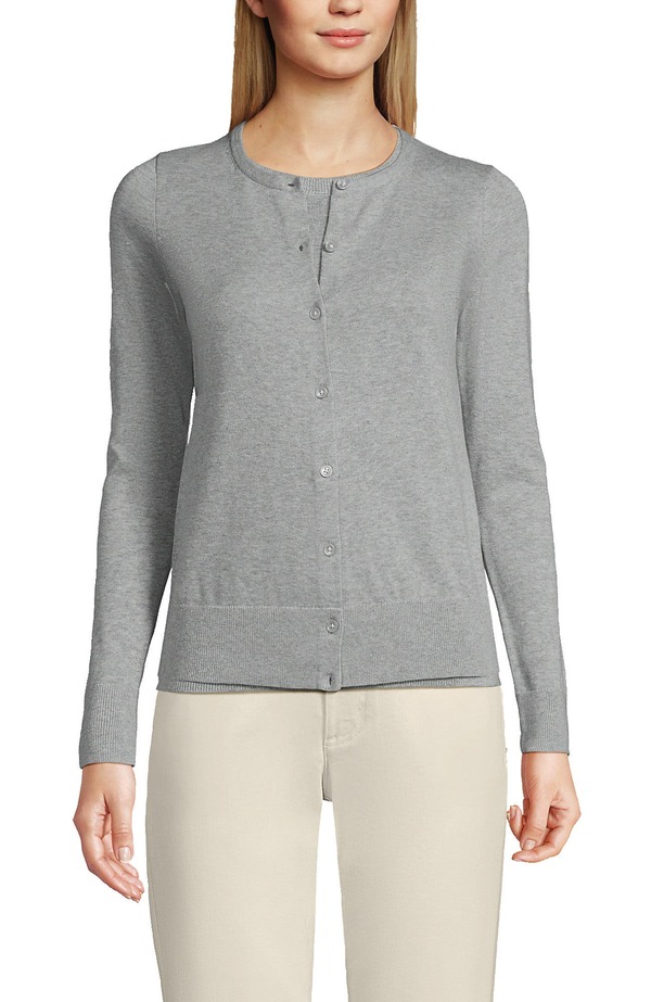 ランズエンド レディース アウター パーカー・スウェット セーター コットン カーディガン Lands' End Fine Gauge Cotton Cardigan Sweater Gray Heather グレー｜ReVida 店