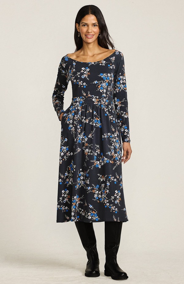 ランズエンド レディース トップス ワンピース ミディ コットン Lands' End Cotton Modal Off Shoulder Midi Dressteel Gray Fall Floral グレー