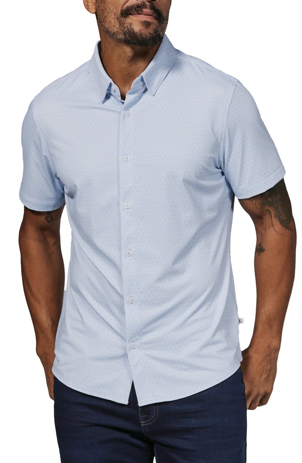 セブンダイヤモンド メンズ トップス シャツ プリント 7 Diamonds Corsica Geo Print Short Sleeve Stretch Button-Up Shirt Light Blue ブルー