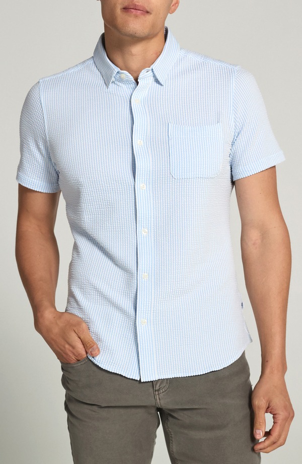 セブンダイヤモンド メンズ トップス シャツ 7 Diamonds Keaton Stripe Seersucker Short Sleeve Button-Up Shirt Blue ブルー