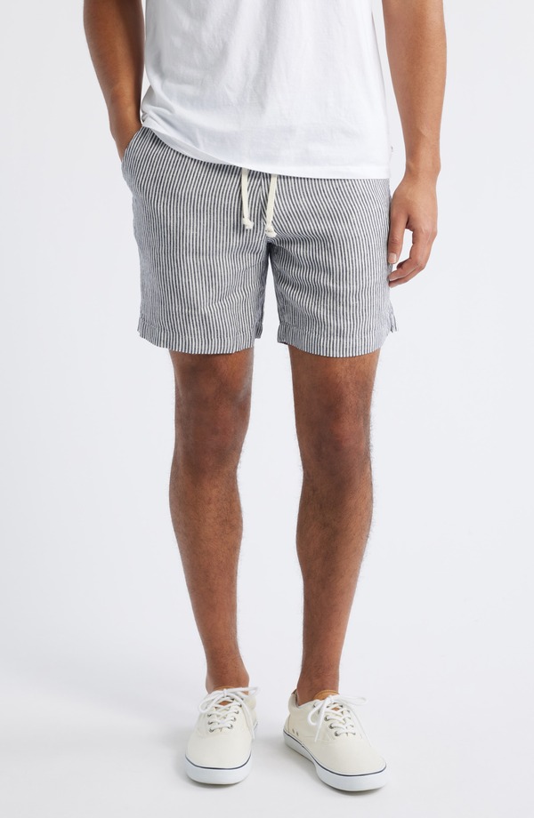 アレックス起重機 メンズ ボトムス 二分の一ズボン下・さる股引き 遊撃手ズボン下 リネン ALEX CRANE Bo Linen Drawstring Shorts Lines