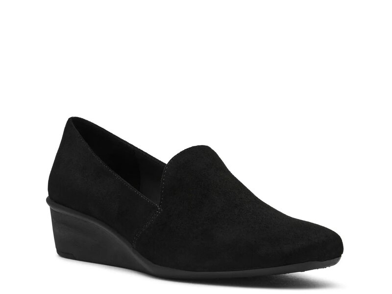 アンクライン レディース シューズ スリッポン・ローファー Anne Klein Wendell Wedge Slip-On Black Suede 黒いこと