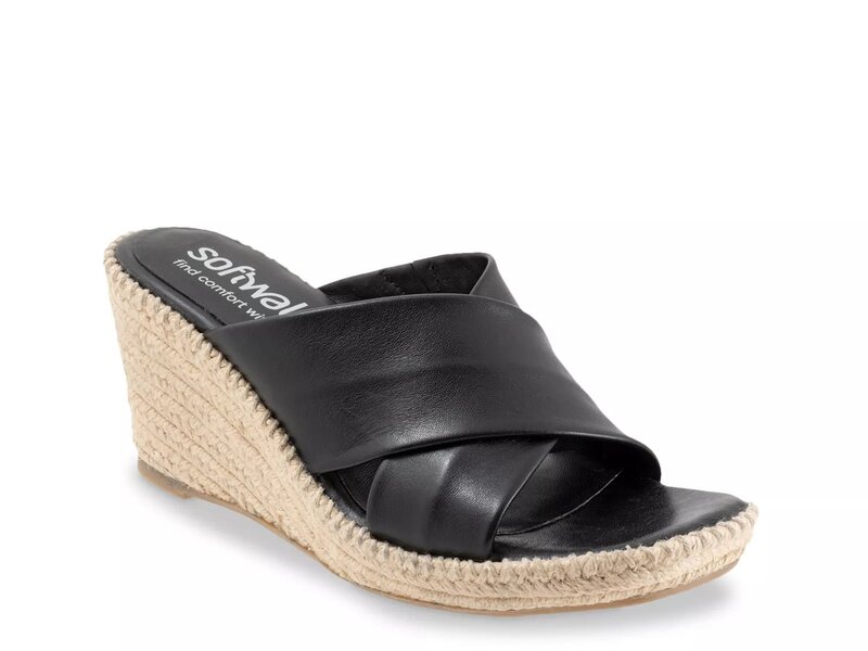 ソフトウォーク レディース シューズ サンダル Softwalk Hastings Espadrille Wedge Sandal Black Leather ブラック