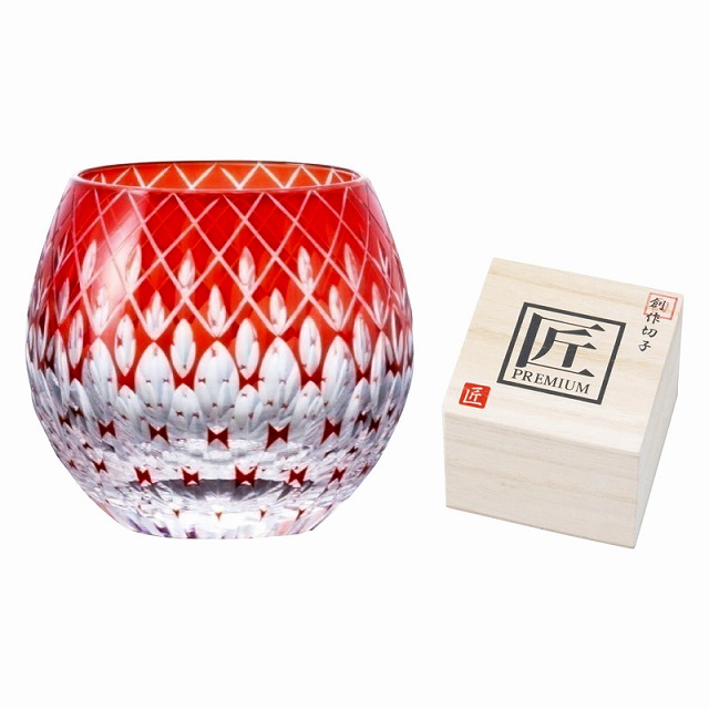 ●創作切子 匠 Premium／玉響／ロック360ml（木箱入）●カラー／レッド