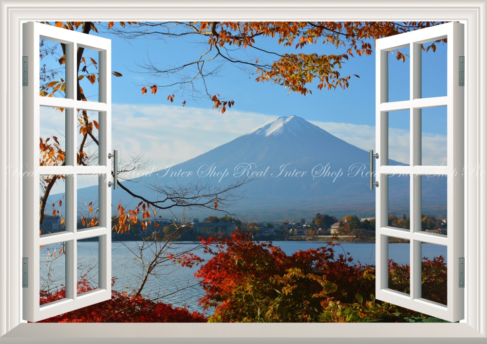 絵画風 壁紙ポスター (はがせるシール式) -窓の景色- 秋富士 富士山と紅葉 山中湖 ふじやま 【窓仕様／トリックアート】 キャラクロ FJS-009MA1 (A1版 830mm×585mm) ＜日本製＞ ウォールステッカー お風呂ポスター