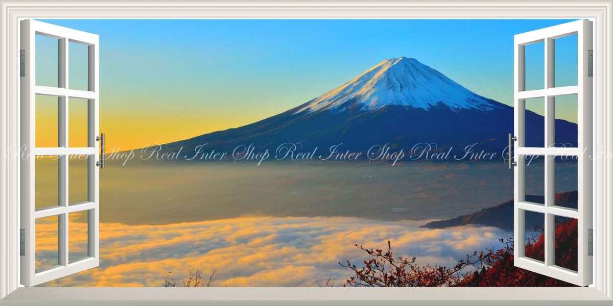 絵画風 壁紙ポスター (はがせるシール式) -窓の景色- 天晴れの富士山と雲海 富士山 ふじやま パワースポット パノラマ 【窓仕様／トリックアート】 キャラクロ FJS-101MS1 (1152mm×576mm) ＜日本製＞ ウォールステッカー お風呂ポスター
