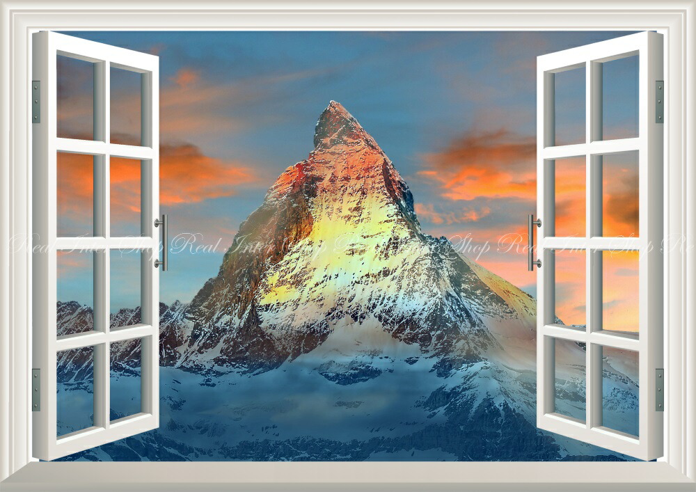 絵画風 壁紙ポスター (はがせるシール式) -窓の景色- マッターホルン 夜明けの霊峰 魔の山 朝焼け 神秘 アルプス山脈 【窓仕様／トリックアート】 キャラクロ MTH-012MA1 (A1版 830mm×585mm) ＜日本製＞ ウォールステッカー お風呂ポスター