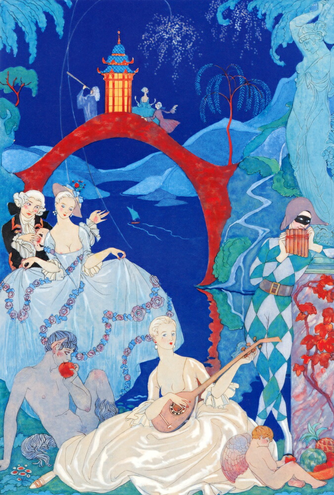 絵画風 壁紙ポスター(はがせるシール式)【フルサイズ版】 ジョルジュ・バルビエ 艶なる宴 月あかり 1928年 アールデコ イラストレーション キャラクロ K-BRB-011S1 (585mm×867mm) ＜日本製＞ ウォールステッカー お風呂ポスター