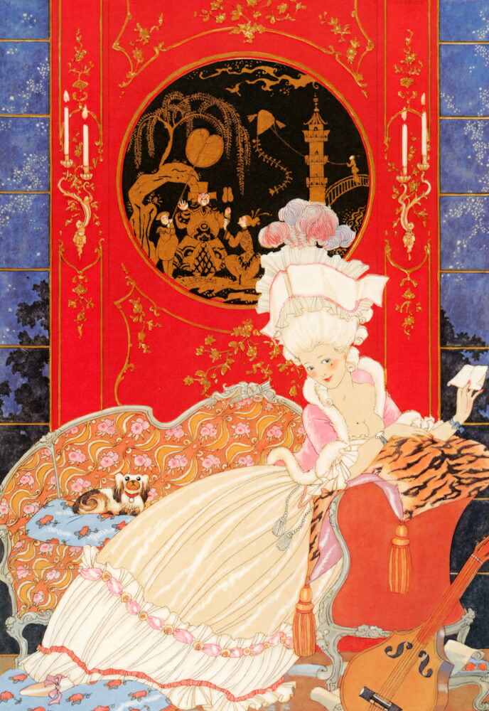 絵画風 壁紙ポスター(はがせるシール式)【フルサイズ版】 ジョルジュ・バルビエ 艶なる宴 手紙 1928年 アールデコ イラストレーション キャラクロ K-BRB-019S1 (585mm×850mm) ＜日本製＞ ウォールステッカー お風呂ポスター