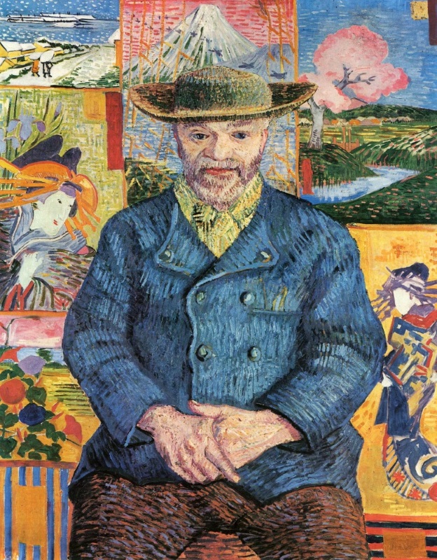 絵画風 壁紙ポスター (はがせるシール式) 【フルサイズ版】 ゴッホ タンギー爺さんの肖像 (背景：浮世絵) 1887年 ロダン美術館 キャラクロ K-GOH-033S1 (585mm×749mm) ＜日本製＞ ウォールステッカー お風呂ポスター