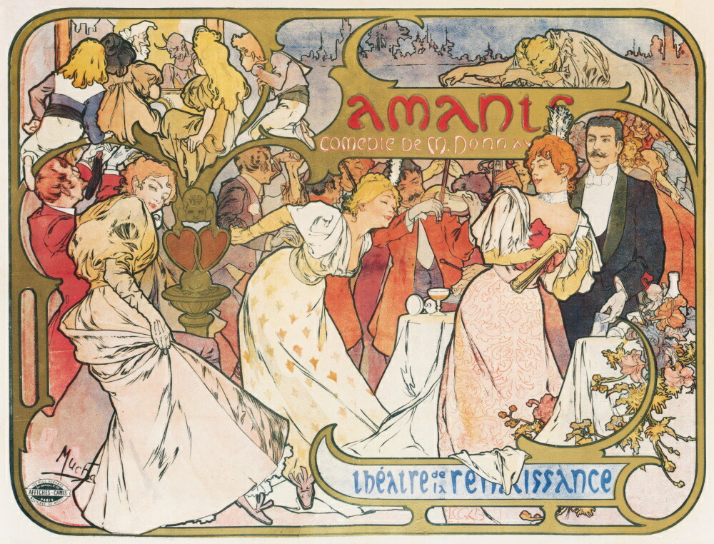 絵画風 壁紙ポスター (はがせるシール式) 【フルサイズ版】 アルフォンス・ミュシャ 恋人たち 1895年 アールヌーヴォー キャラクロ K-MCH-070S1 (767mm×585mm) ＜日本製＞ ウォールステッカー お風呂ポスター