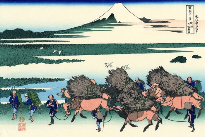 絵画風 壁紙ポスター (はがせるシール式) 富嶽三十六景 駿州大野新田 葛飾北斎 1831-1835年 キャラクロ K-FGS-042K1 (864mm×576mm) ＜日本製＞ ウォールステッカー お風呂ポスター