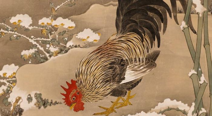 絵画風 壁紙ポスター (はがせるシール式) 伊藤若冲 動植綵絵 雪中雄鶏図 じゃくちゅう 生誕300年 キャラクロ K-ITJ-008S1 (1052mm×576mm) ＜日本製＞ ウォールステッカー お風呂ポスター