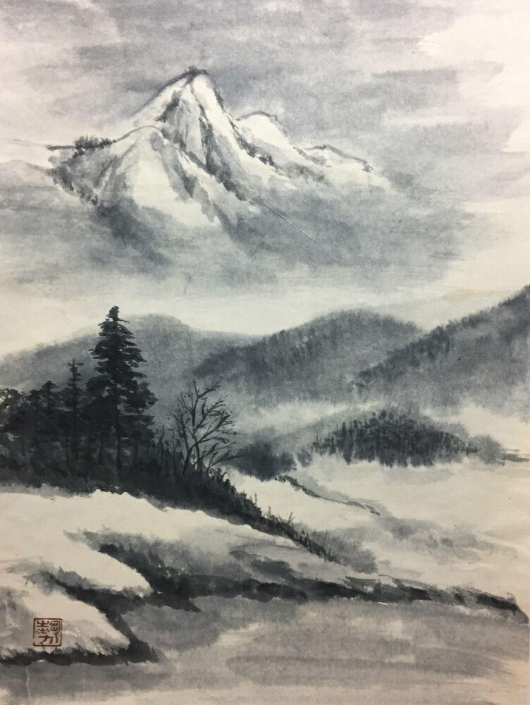 絵画風 壁紙ポスター (はがせるシール式) 木曽御岳山 水墨画・墨彩画 キャラクロ K-SBSM-007S1(585mm×777mm) ＜日本製＞ ウォールステッカー お風呂ポスター