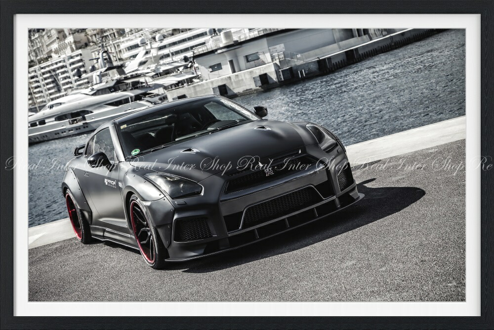 絵画風 壁紙ポスター (はがせるシール式) 日産 GT-R R35 中期型 カスタム ブラック ニッサン 【額縁印刷／トリックアート】 キャラクロ NR35-035SGF1 (874mm×585mm) ＜日本製＞ ウォールステッカー お風呂ポスター