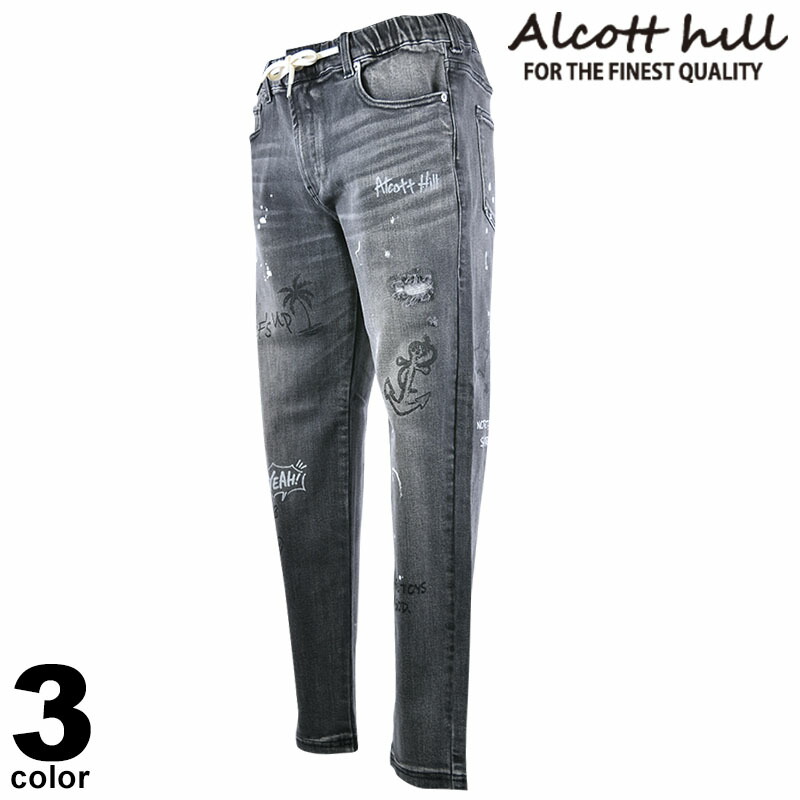 セール 30%OFF ALCOTT HILL アルコットヒル デニムパンツ メンズ 秋冬 ダメージ プリント ウエストゴム ロゴ 35-5309-10