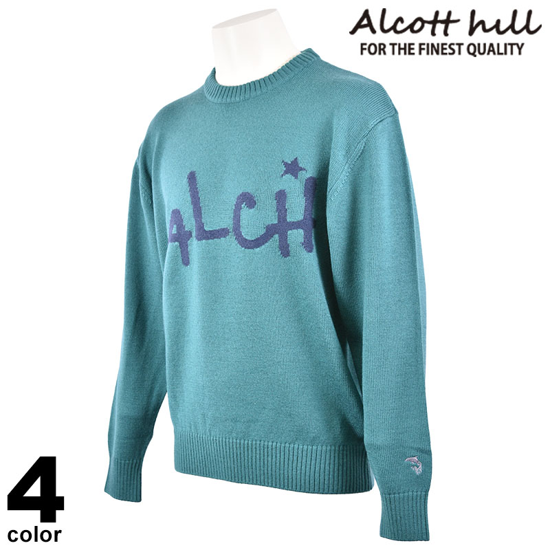 1円/秋冬/Alcott Hill/Lサイズ/ウール100％ニット ジャガード ボーダー風 クルーネック 長袖セーター 新品 日本製/黒/ブラック/c635/ セール 30%OFF ALCOTT HILL アルコットヒル ニット メンズ