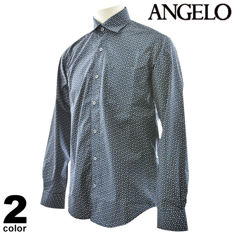ANGELO アンジェロ 長袖 カジュアルシャツ メンズ 秋冬 総柄 胸ポケット付き 日本製 ロゴ 57-1053-04