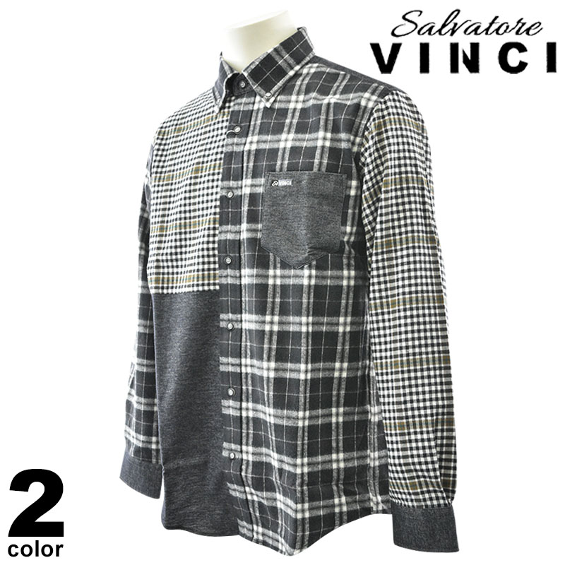 VINCI ヴィンチ 長袖 カジュアルシャツ メンズ 2024秋冬 コットン チェック柄 ボタンダウン ロゴ 45-1101-29