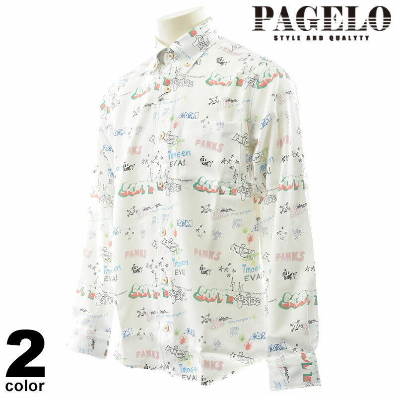 PAGELO パジェロ 長袖 カジュアルシャツ メンズ 2024秋冬 ボタンダウン 総柄 綿混 ロゴ 45-1111-07
