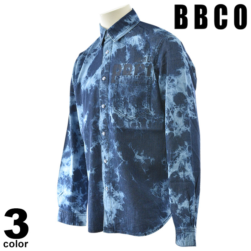 セール 30%OFF BBCO ビビコ デニムシャツ メンズ 春夏 総柄 プリント 胸ポケット付き 41-1001-01