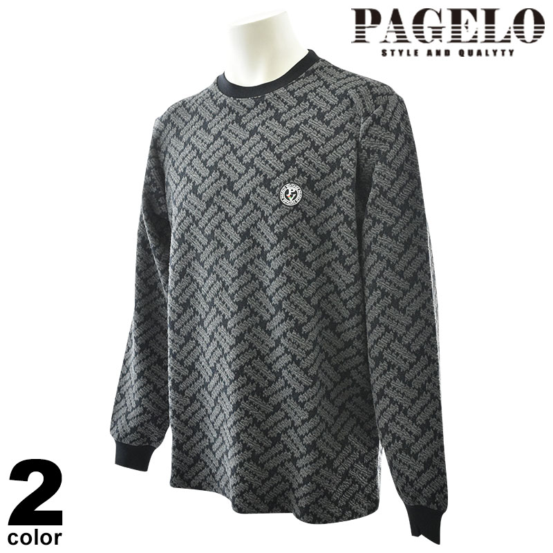 PAGELO パジェロ 長袖 カットソー メンズ 2025秋冬 クルーネック 丸首 ２color ジャガード ワッペン 袖口リブ ロンティー 56-1586-07