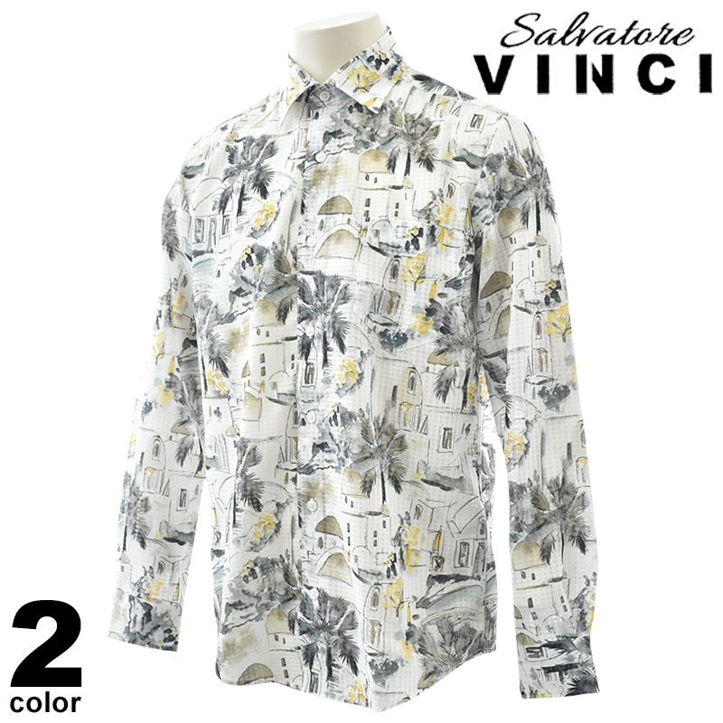 VINCI ヴィンチ シワになりにくいシャツ 長袖 メンズ 2025春夏 軽量 速乾性◎ 街並み柄のデザイン 51-1002-29