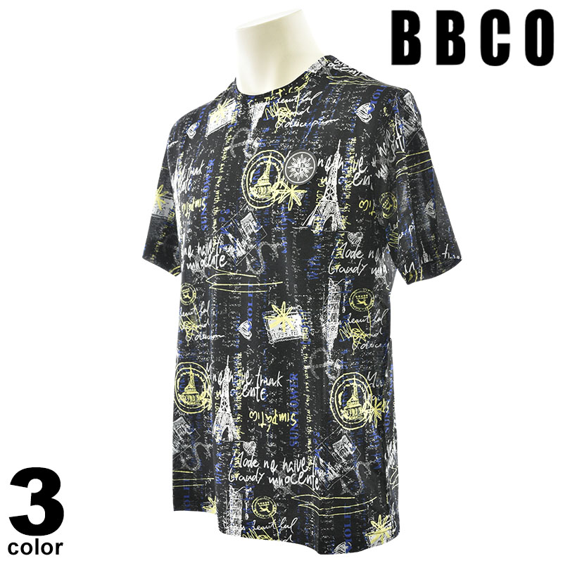 セール 30%OFF BBCO ビビコ 半袖 カットソー メンズ 2025春夏 丸首 総柄 軽やかな素材 綿100% Ｔシャツ 日本製 51-2507-01