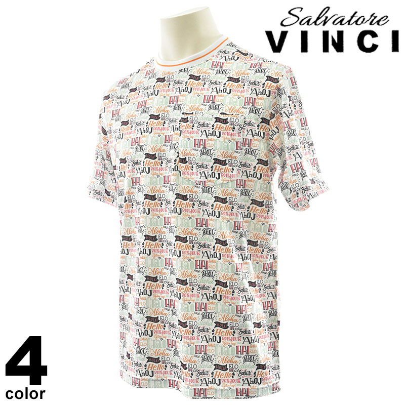 VINCI ヴィンチ 半袖 カットソー メンズ 2025春夏 クルーネック 総柄 ポリエステルシャツ ロゴ 胸ポケット付き 51-2505-29｜メンズファッション リアルツリー