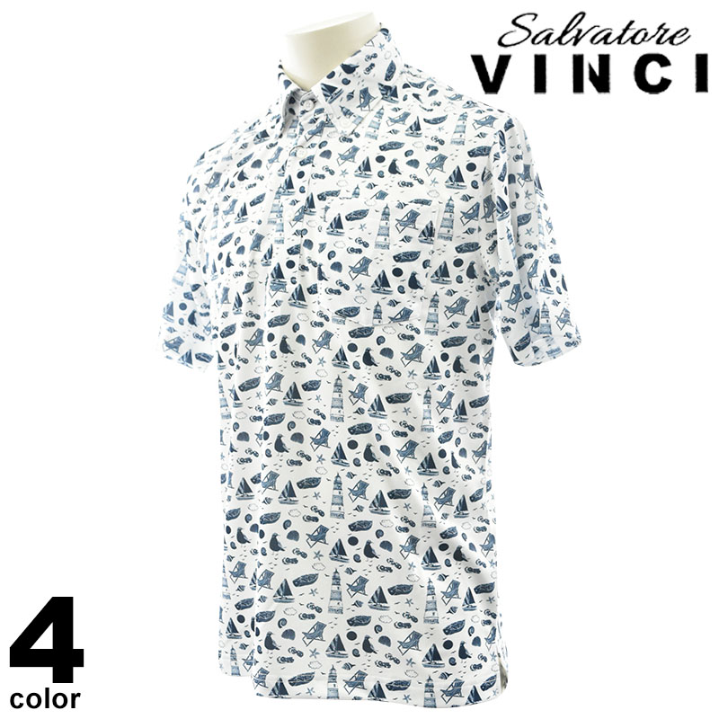 VINCI ヴィンチ 刺しゅう入り口・入口スポーツシャツ 半袖 メンズ 2025春夏 総柄青写真 胸衣嚢付 伸ばすこと原料品 ポリエステル100% 軽さ 速乾 今めかしい カジュアルトップス 51-2803-29