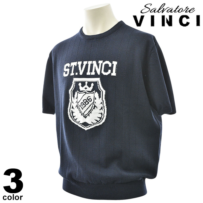 VINCI ヴィンチ 半袖 ニット メンズ 2025春夏 クルーネック ST.VINCI ロゴ エンブレムデザイン カジュアル トップス サマーニット 綿混 ポリエステル M L LL 51-7600-29