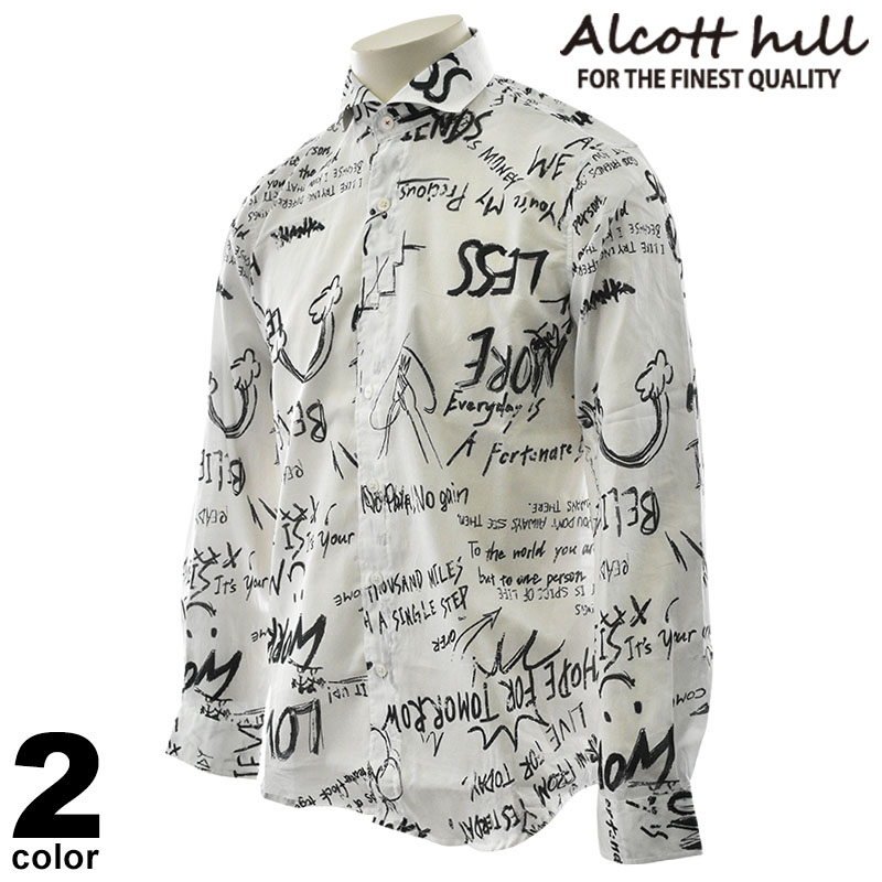 ALCOTT HILL アルコットヒル 長袖 カジュアルシャツ メンズ 2026春夏 総柄 シャツ 英字 アルファベット デザインシャツ 62-1096-10｜メンズファッション リアルツリー