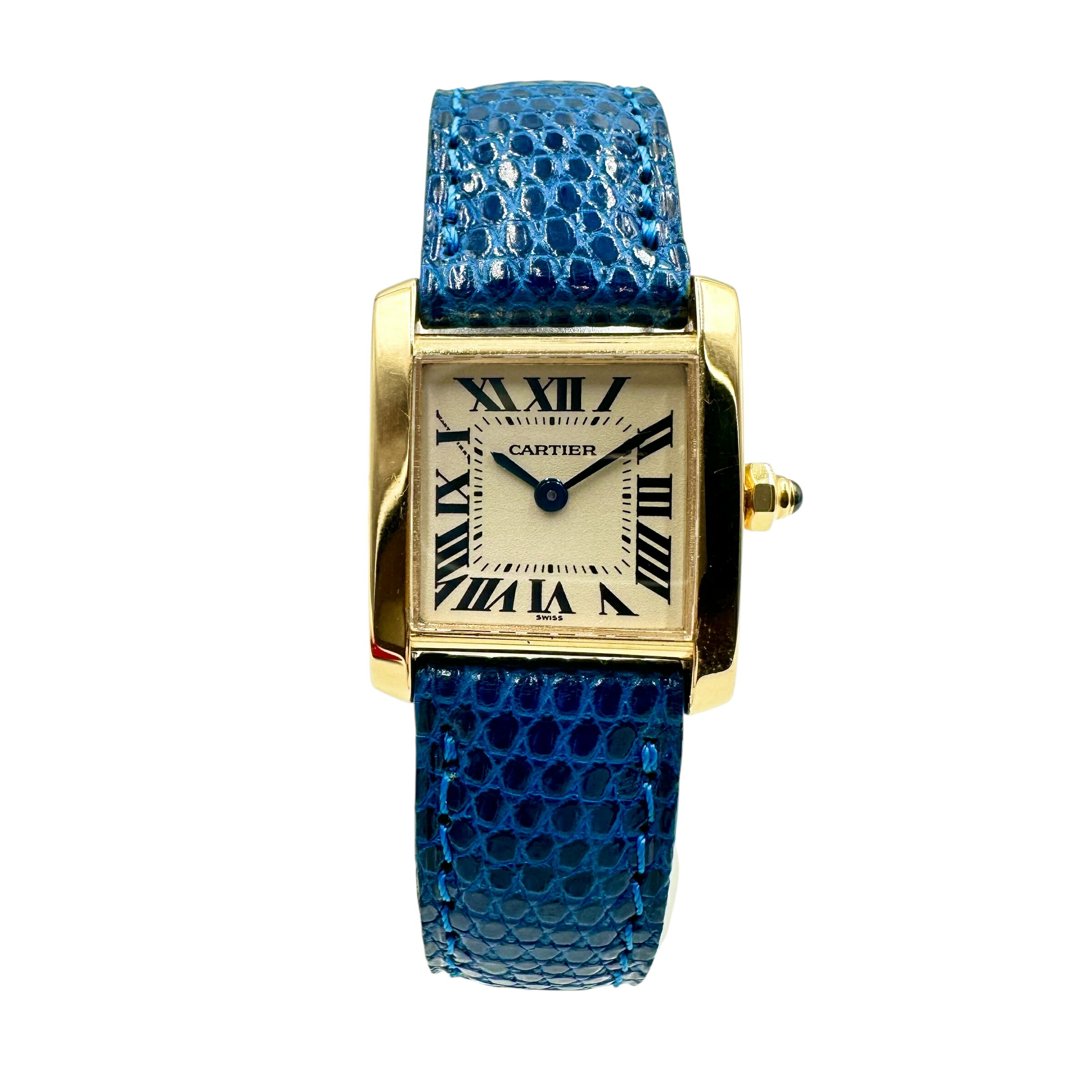 Cartier カルティエ タンクフランセーズSM K18YG ブルー クォーツ レディース 腕時計 レザー 16069｜reanvintage