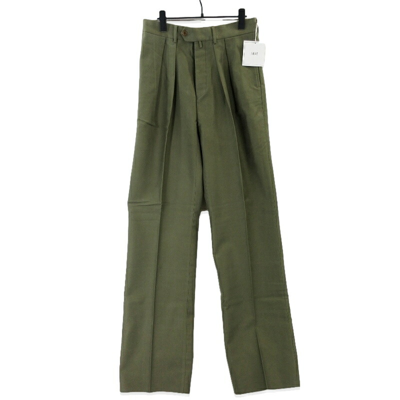 【美品】ニート コットンカゼル・ツータック・ワイドスラックス・ボタンフライ・44 NEAT ニート コットンツータックワイドスラックス ボタンフライ 44