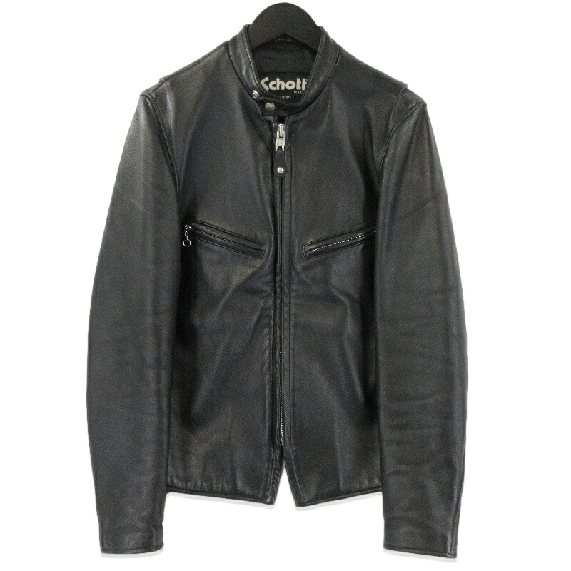 ショット schott 黒 立襟シングルライダースジャケット36used Schott N.Y.C ショット SCHOTT 643 当店別注 襟付き シングル