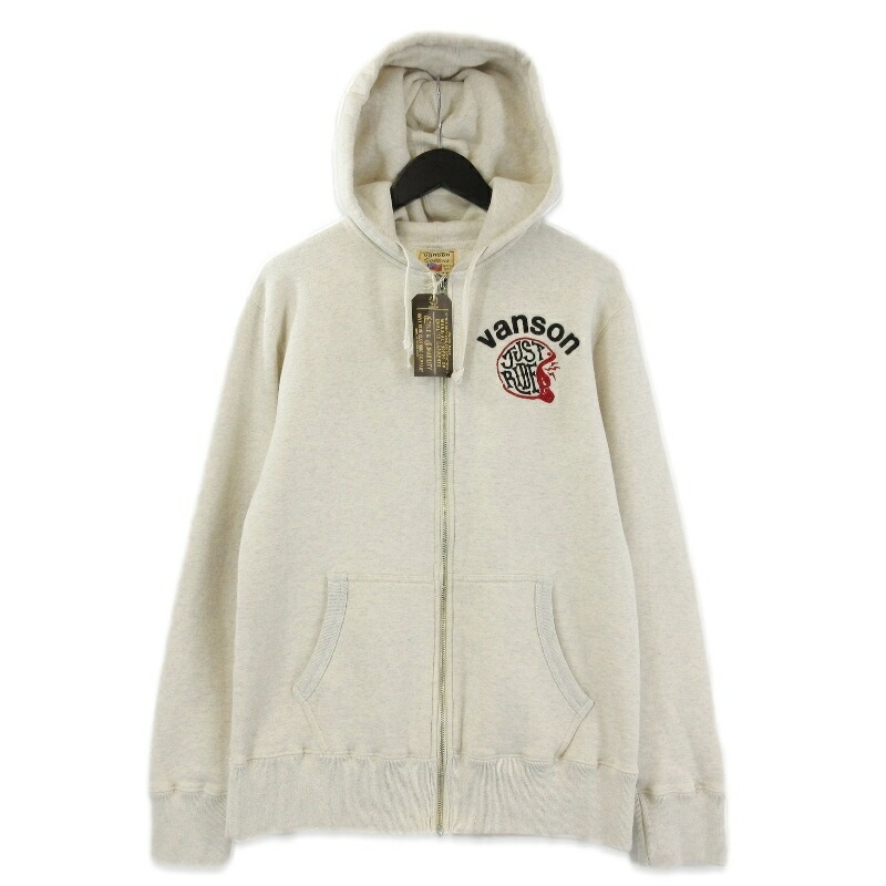 【中古】未使用 vanson バンソン ジップパーカー 885V458 LEATHERS CUSTOM SWEAT FULL ZIP PARKA フーディー フルジップ ナチュラル Lスウェット 裏起毛 プリント ワンウォッシュメンズ 71015049