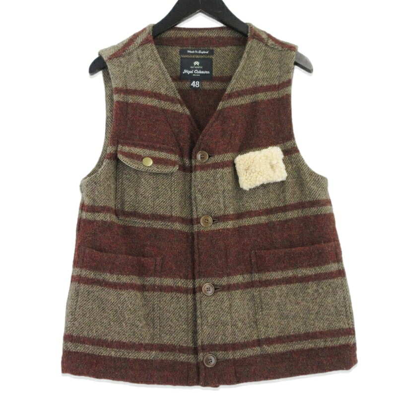 【中古】美品 Nigel Cabourn ナイジェルケーボン ベストライナー 8061170030 ハリスツイード ウールベスト イングランド製 ブラウン 48 メンズ 99000619
