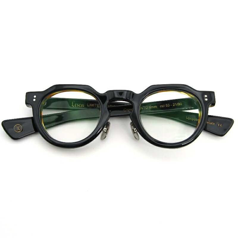 【中古】Lesca LUNETIER レスカ ルネティエ メガネフレーム CROWN PANTO 8mm UPCYCLING ACETATE 度入り 53-21 ブラック/イエローデミフランス製 クラウンパント メガネ 眼鏡 サングラス 54000720