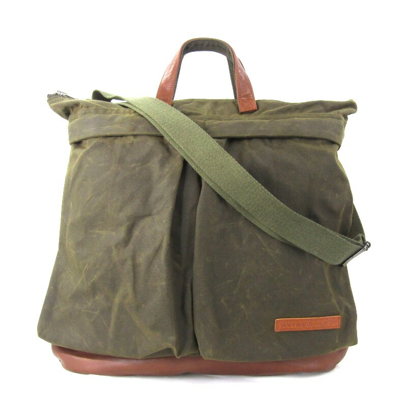 【中古】AVIREX アヴィレックス 安全帽御徒面子 MILITARY FABRIC OILED CLOTH HELMET BAG ミリタリーファブリック オリーブ  ブリティッシュミラレーン社 油絵の具ドク天使の都市 なめし革継ぎ切れ 御徒面子 鞄 47000054