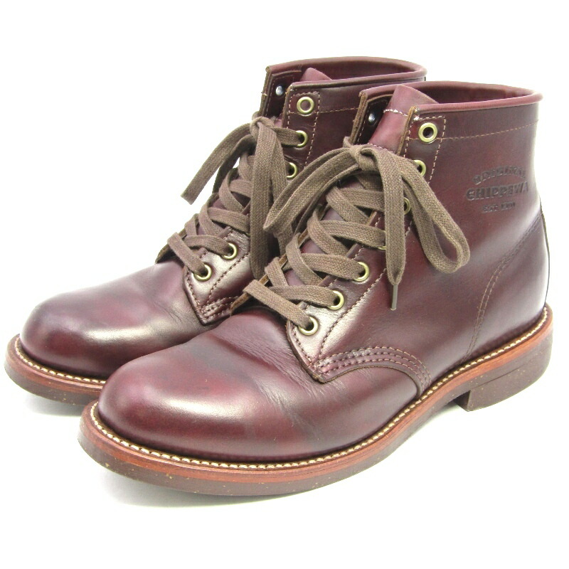 【中古】CHIPPEWA チペワ US7.5D 25.5糎 プレーントゥ ありがた味ブーツ 1901M25 6inch UTILITY BOOTS 牛皮 バーガンディ CORDVAN 赤茶 レースアップブーツ 細工物ブーツ コードバン色合い 赤いこと 赤銅色 ビブラムソール ブーツ 35005568