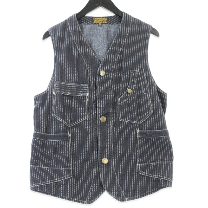 【中古】FREEWHEELERS フリーホイーラーズ 細工物より良い TRACKWALKER VEST WABASH STRIPE CHAMBRAY UNION SPECIAL 黒いこと 黒 38 OVERALLS トラックウォーカーベスト メンズ 99000930