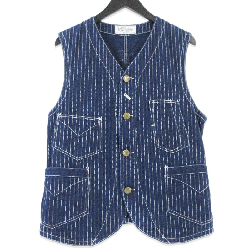 【中古】FREEWHEELERS フリーホイーラーズ 細工物より良い CONDUCTOR VEST WABASH STRIPE UNION SPECIAL OVERALLS インディゴ 38 音楽監督より良い メンズ 99000931