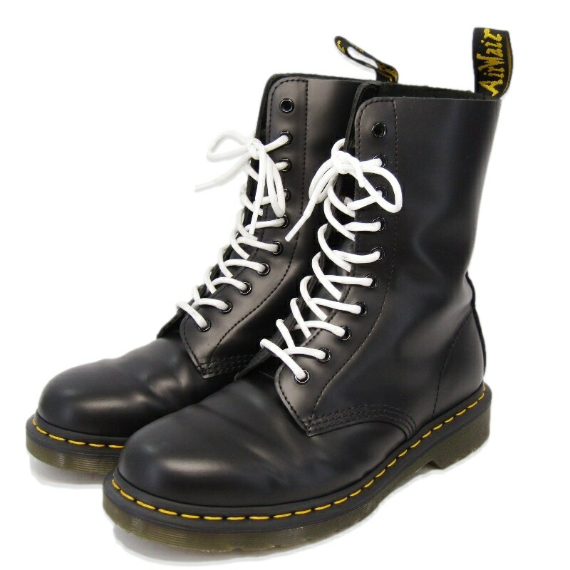 【中古】美品 Dr.Martens お医者さんマーチン UK7 10大広間ブーツ 1490 STANDARD FIT 10EYE BOOT スムースレザー 黄色編み目 黒 黒いこと レースアップブーツ  ブーツ 35005593