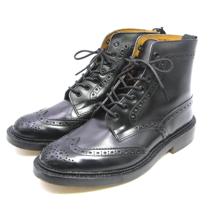 【中古】美品 Tricker\u0027s トリッカーズ UK8 カントリーブーツ M2508 MALTON ブローグブーツ ショッピングセンター米トン レザーソール 黒いこと 子ウシ 黒 ウィングチップ ブーツ 35005624