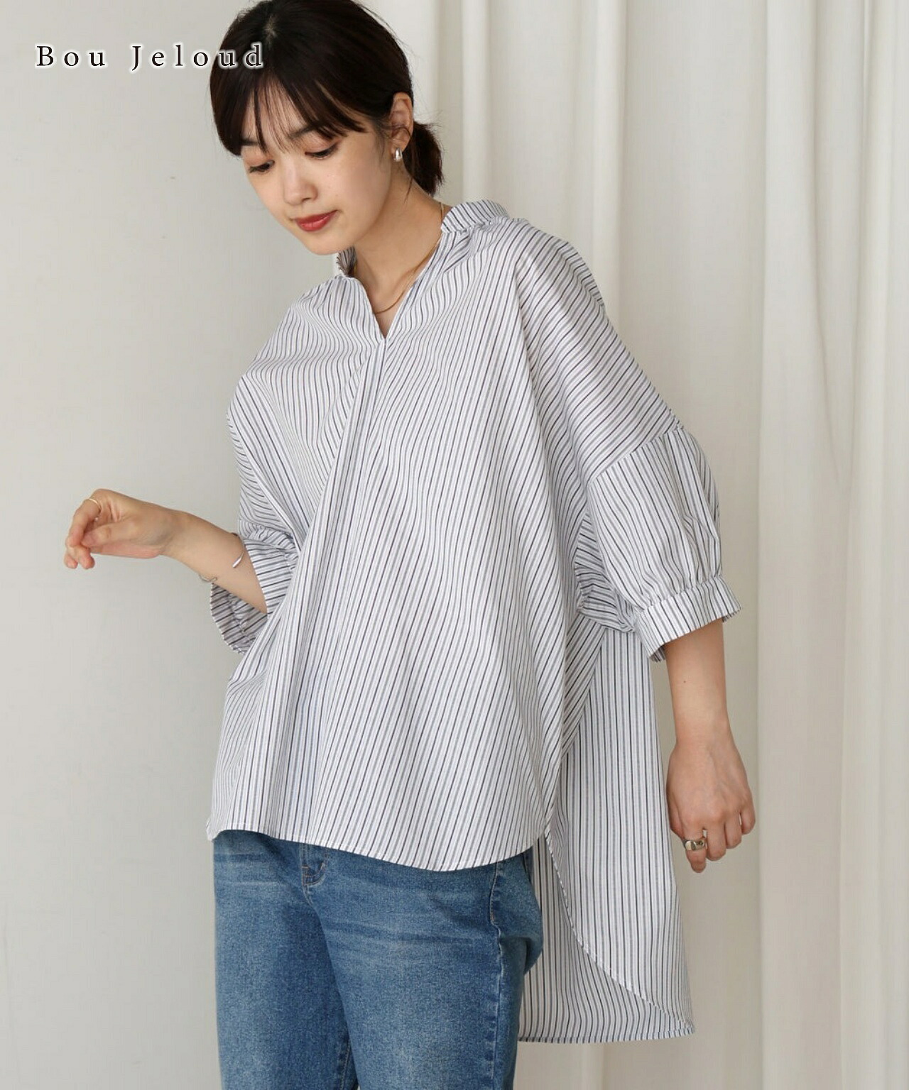 Bou Jeloud ブージュルード バックギャザー５分袖トップス トップス レディース きれいめ おしゃれ 通勤 オフィス 20代 30代 40代 50代 60代