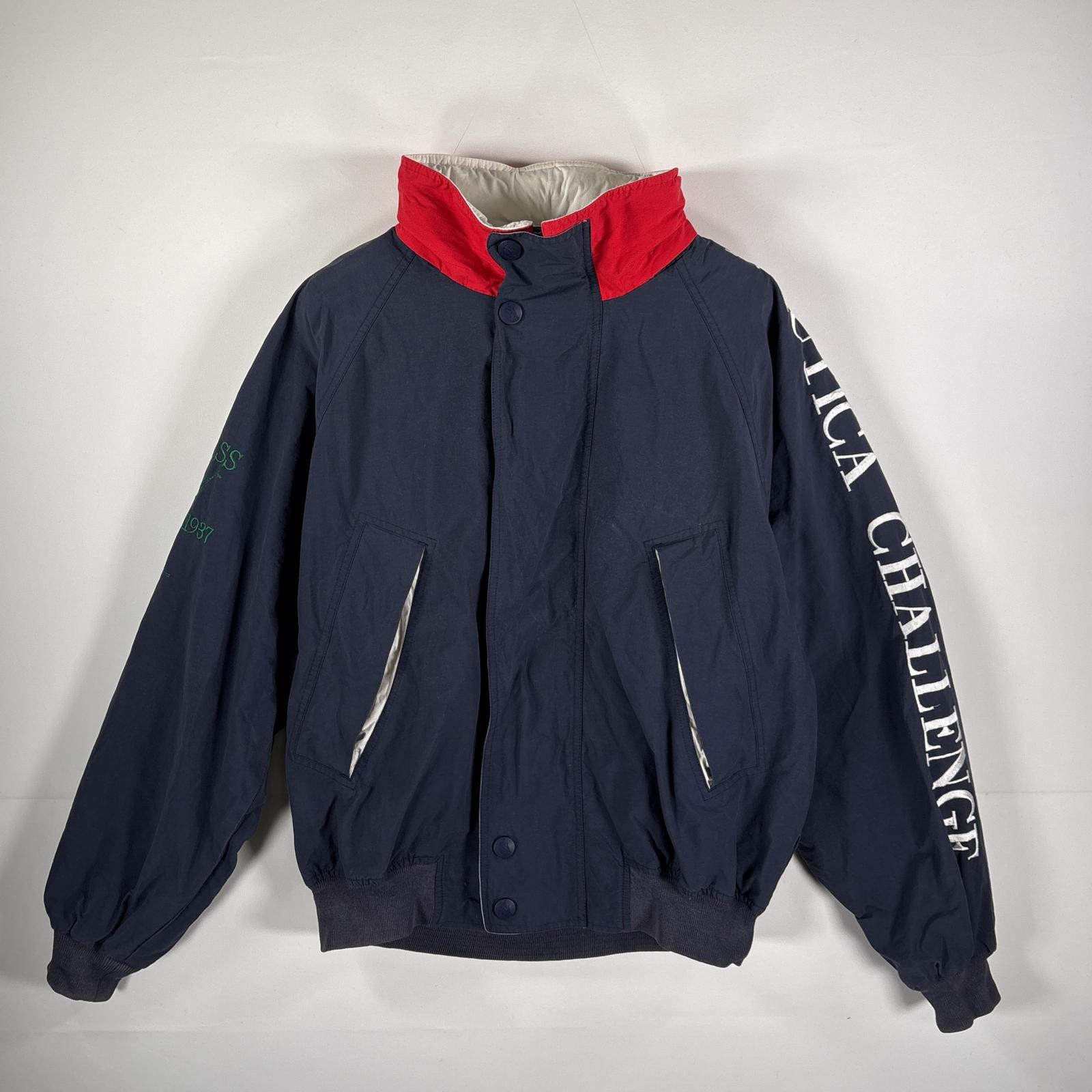 古着 90's/90年代 ノーティカ NAUTICA セーリングジャケット ビッグ刺繍ロゴ 収納付きフード L ネイビー メンズ 【中古】｜古着屋NIKKU