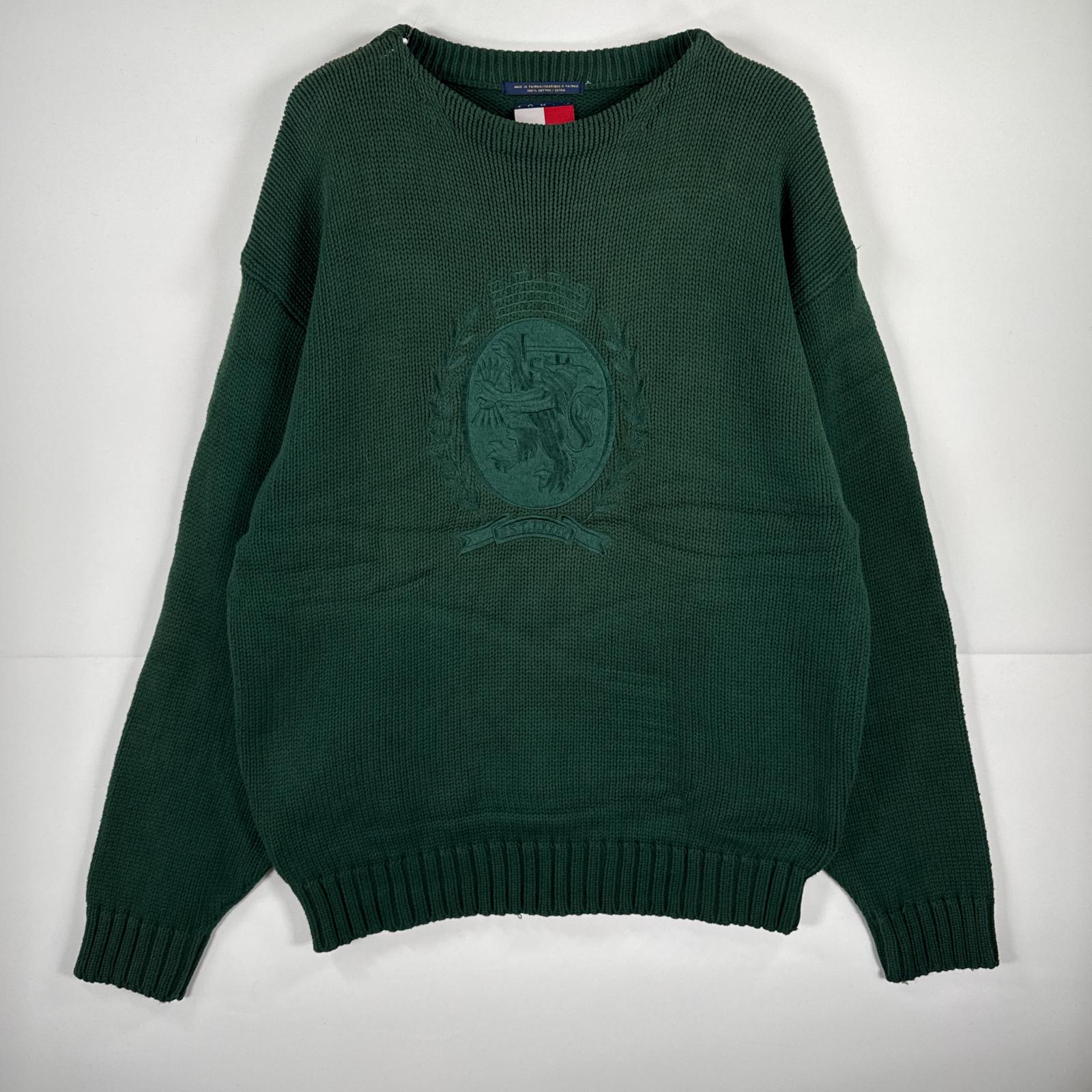古着 90's/90年代 トミーヒルフィガー TOMMY HILFIGER 長袖 セーター コットン ニット ビッグロゴ 刺繍 L グリーン 無地 メンズ 【中古】｜古着屋NIKKU 12,870円