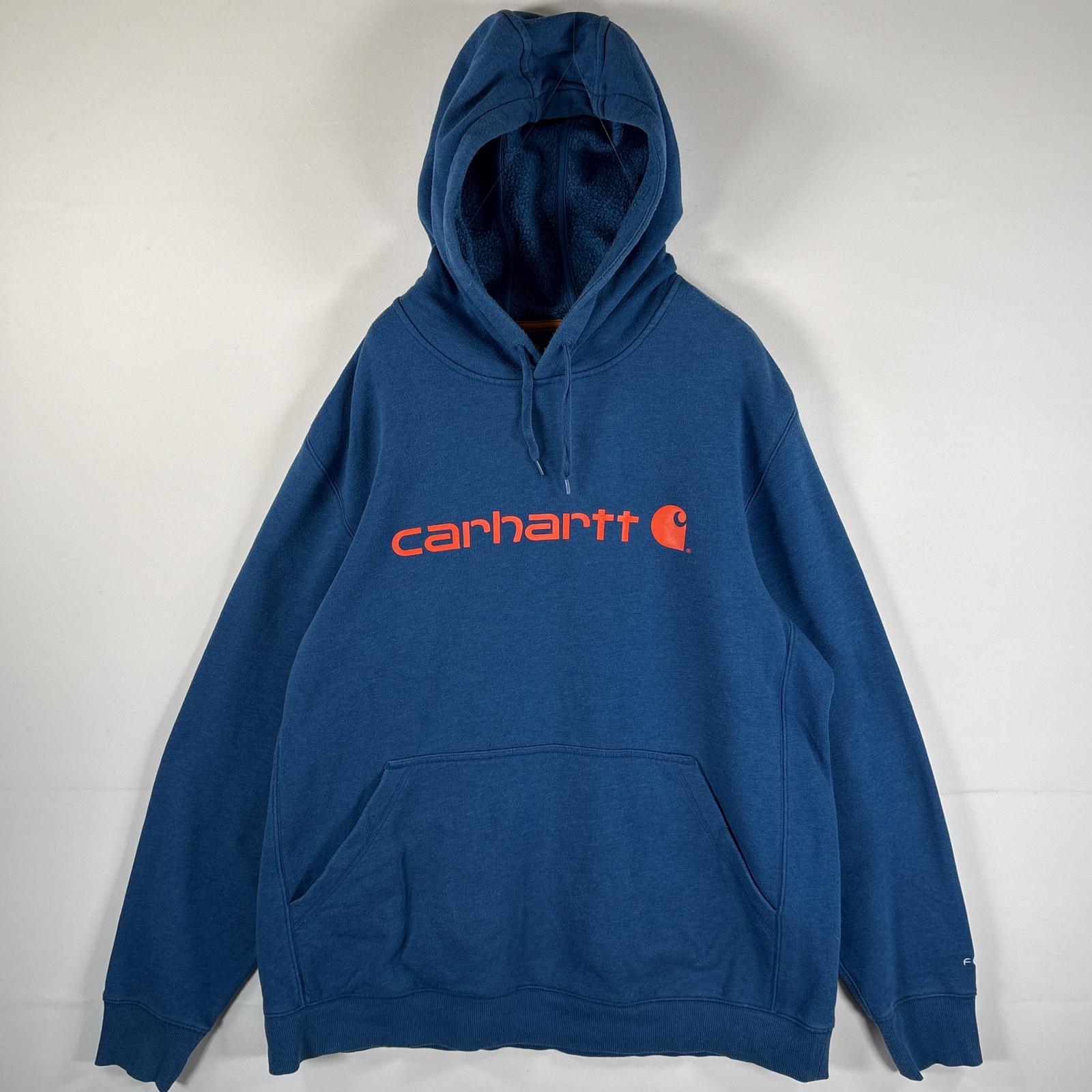 古着 カーハート Carhartt パーカー 大きいサイズ フード紐 肉厚 マフポケット ラグラン ビッグロゴプリント FORCE XL ブルー メンズ 【中古】