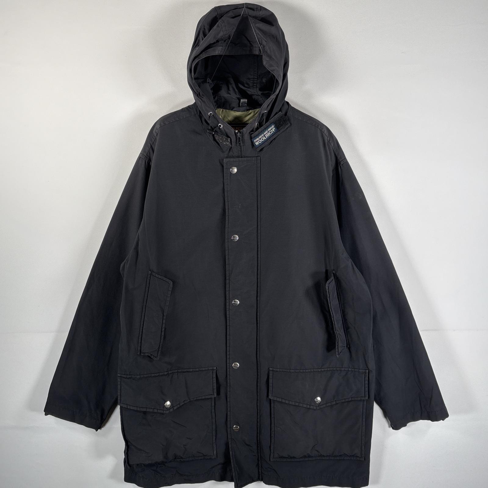 古着 90's/90年代 ウールリッチ WOOLRICH ナイロンコート ダブルジップ ワンポイントロゴ 長丈 フーディー フード紐 L ブラック メンズ 【中古】｜古着屋NIKKU